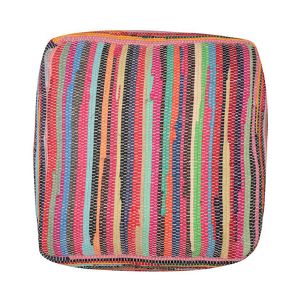 18" Red And Black Cotton Cube Striped Pouf Ottoman