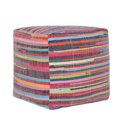 18" Red And Black Cotton Cube Striped Pouf Ottoman