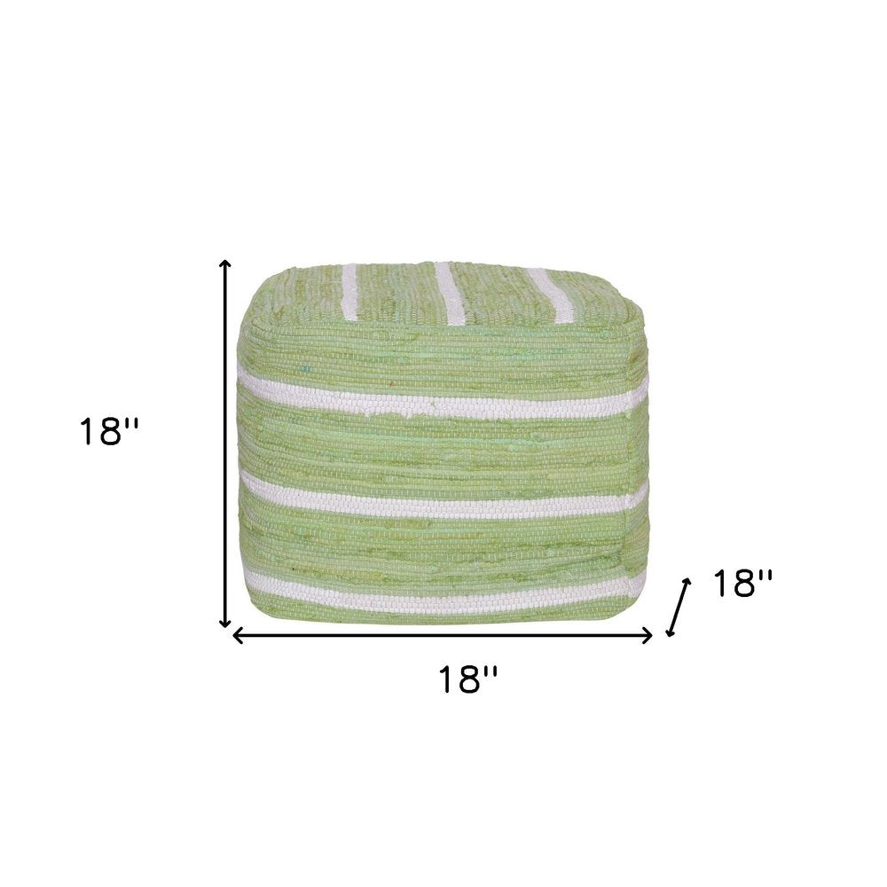 18" Green and White Cotton Striped Cube Pouf Ottoman