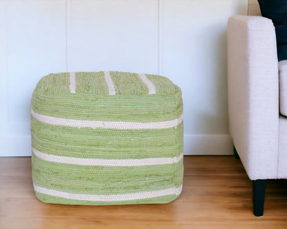 18" Green and White Cotton Striped Cube Pouf Ottoman