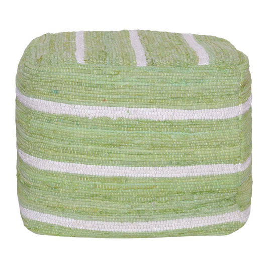 18" Green and White Cotton Striped Cube Pouf Ottoman