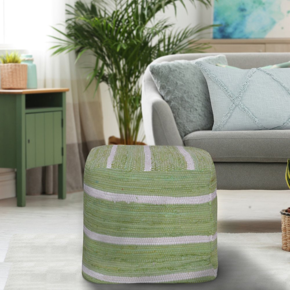18" Green And White Cotton Cube Striped Pouf Ottoman