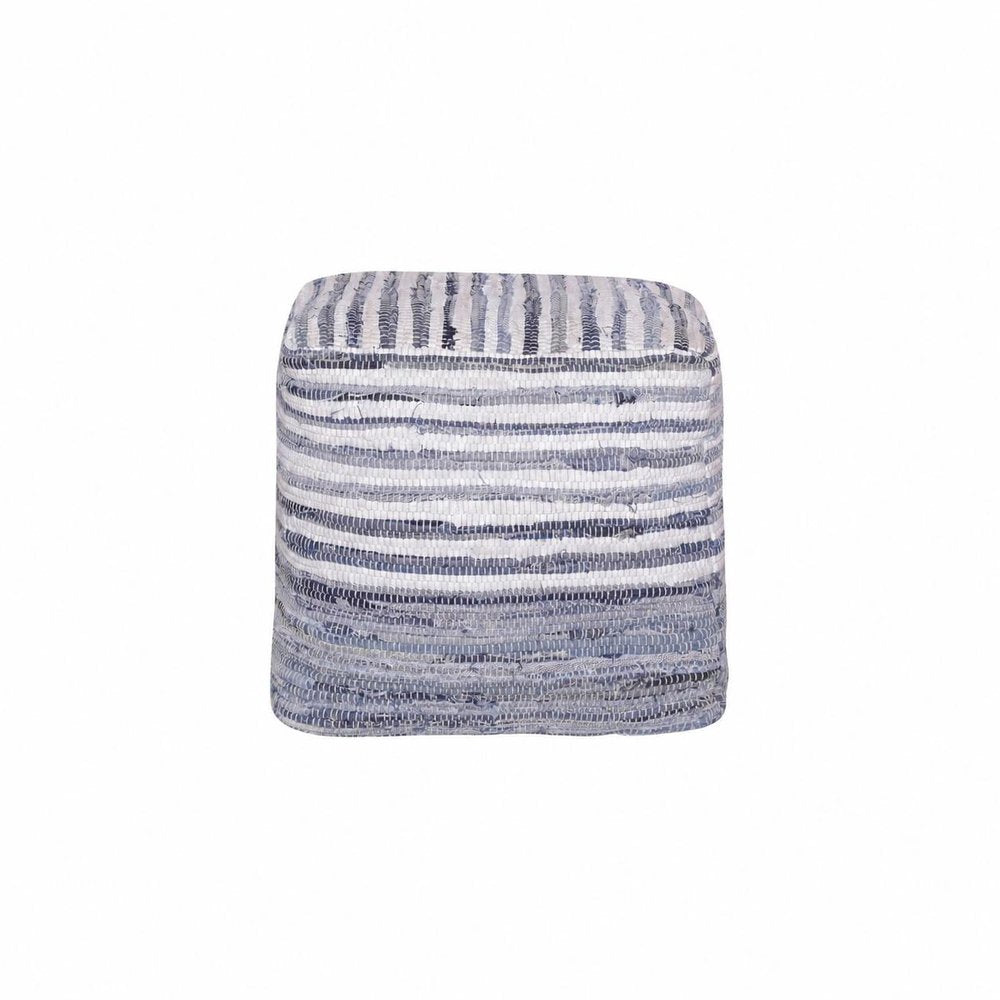 18" Blue and White Cotton Striped Cube Pouf Ottoman