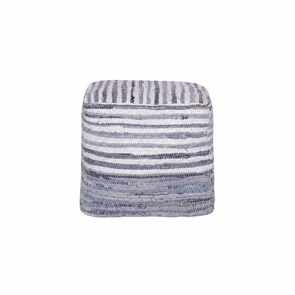 18" Blue and White Cotton Striped Cube Pouf Ottoman