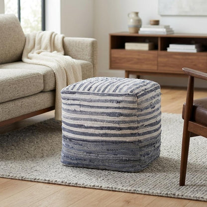 18" Blue and White Cotton Striped Cube Pouf Ottoman