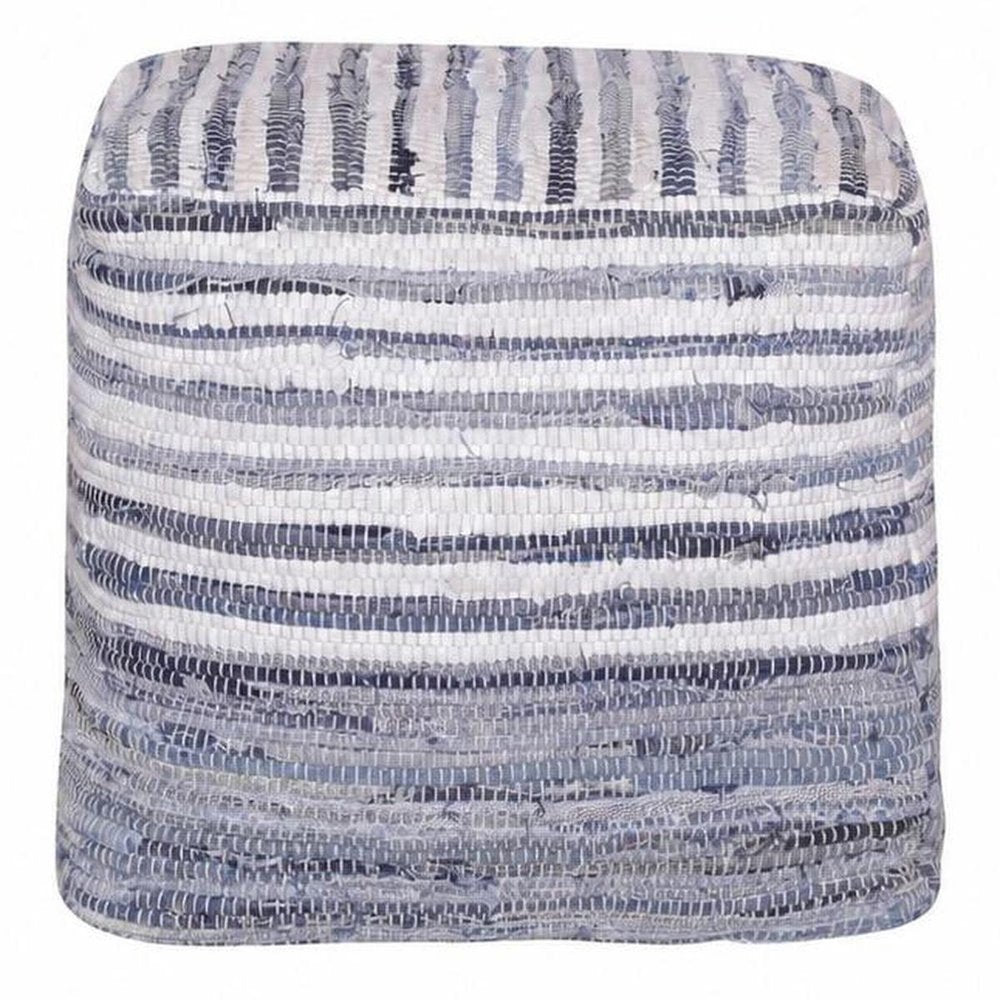 18" Blue and White Cotton Striped Cube Pouf Ottoman
