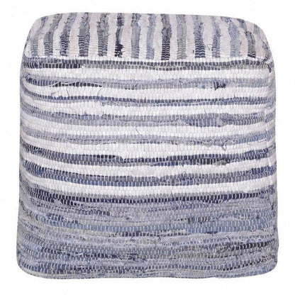 18" Blue and White Cotton Striped Cube Pouf Ottoman