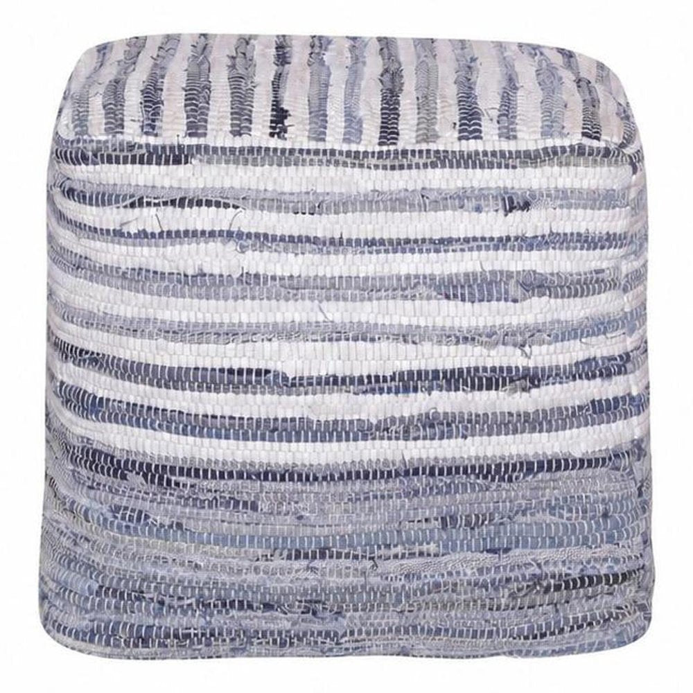 18" Blue and White Cotton Striped Cube Pouf Ottoman