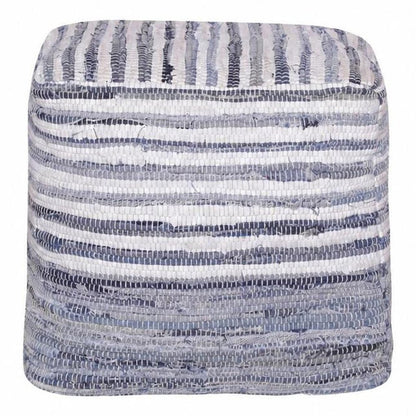 18" Blue and White Cotton Striped Cube Pouf Ottoman