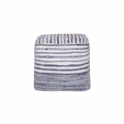 18" Blue and White Cotton Striped Cube Pouf Ottoman