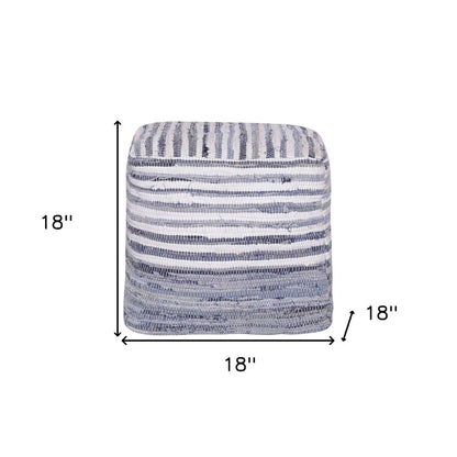 18" Blue and White Cotton Striped Cube Pouf Ottoman