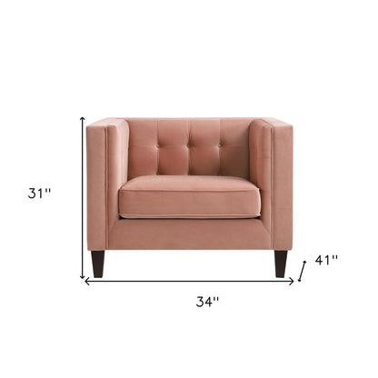 34" Blush And Espresso Velvet Tufted Club Chair