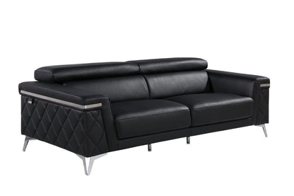 89" Black Italian Leather Sofa With Silver Legs