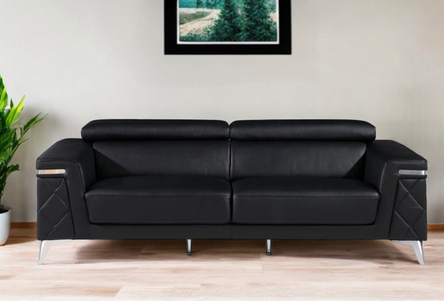 89" Black Italian Leather Sofa With Silver Legs