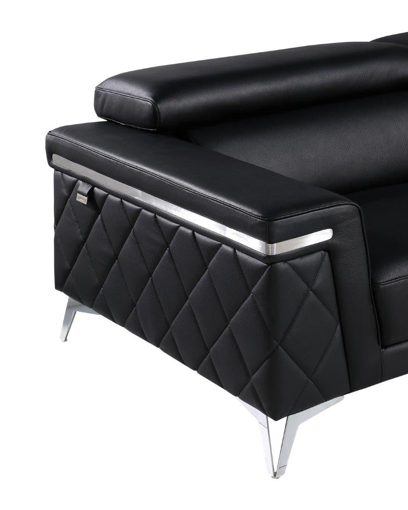 89" Black Italian Leather Sofa With Silver Legs