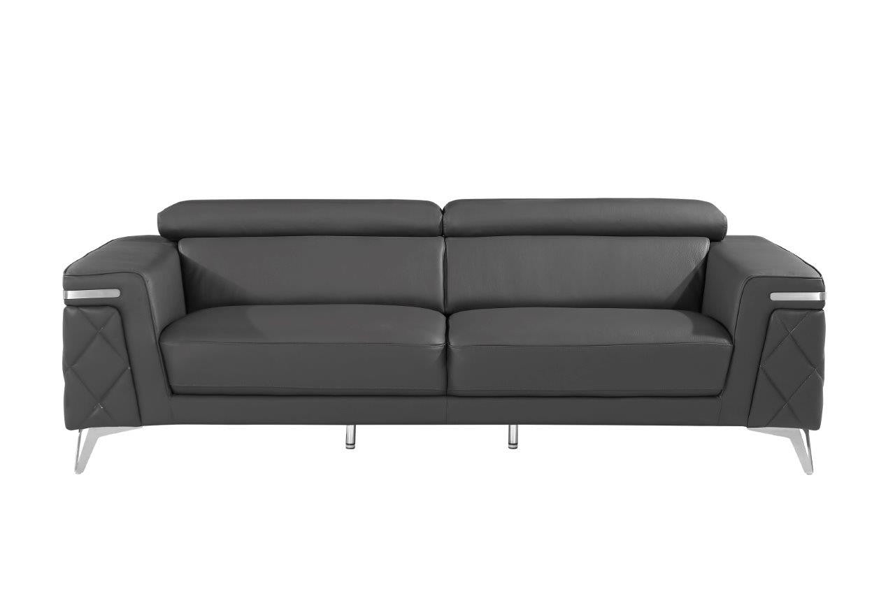 89" Dark Gray Italian Leather Sofa With Silver Legs