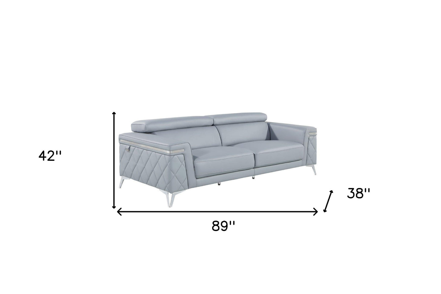 89" Light Blue Italian Leather Sofa With Silver Legs