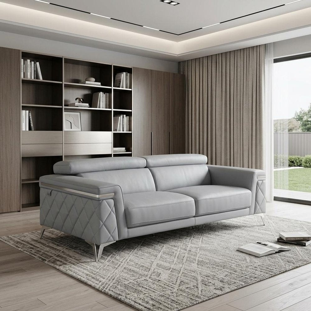 89" Light Blue Italian Leather Sofa With Silver Legs