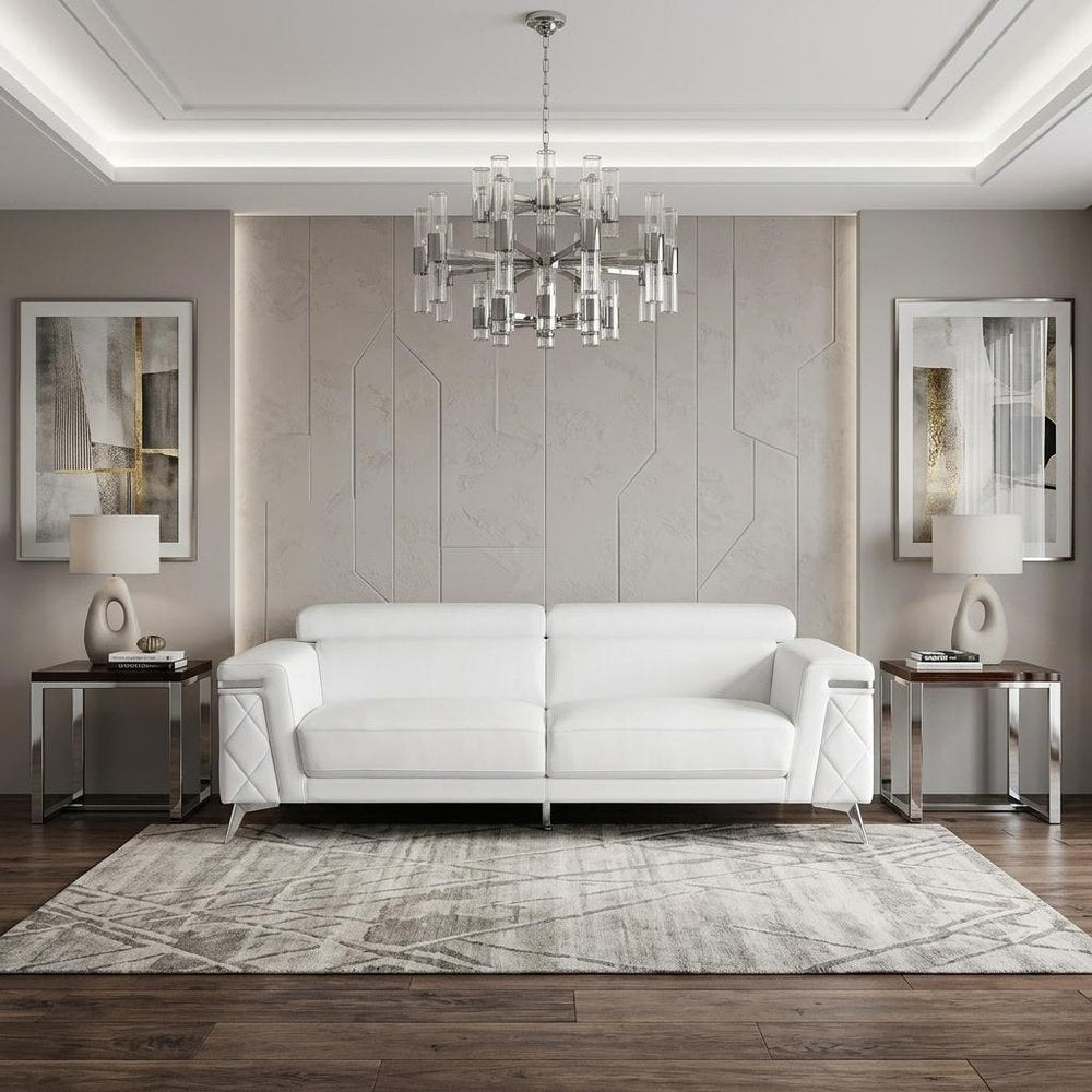 89" White Italian Leather Sofa With Silver Legs