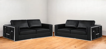 Two Piece Indoor Black Italian Leather Four Person Seating Set