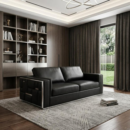 89" Black Italian Leather Sofa With Silver Legs