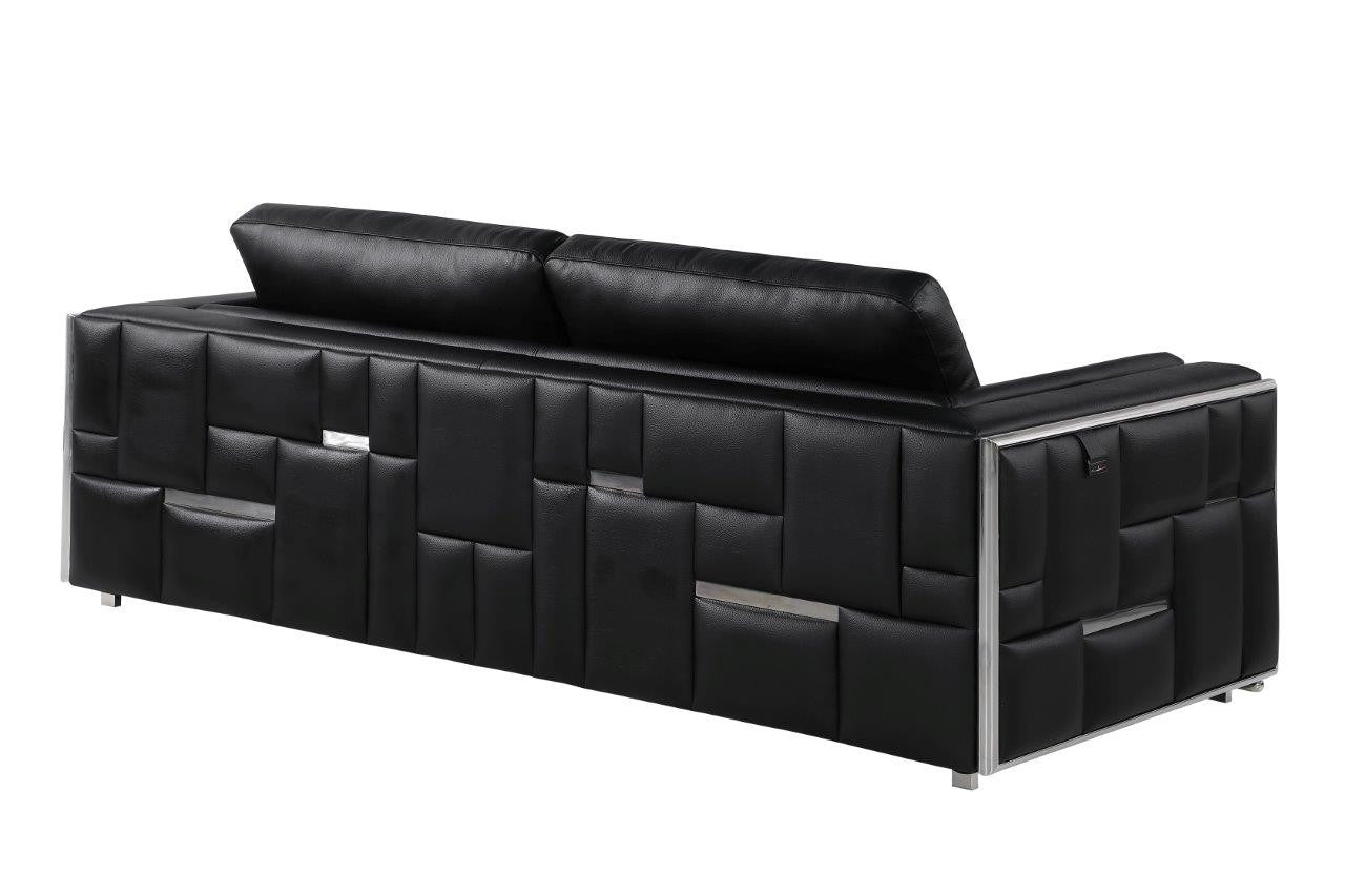 89" Black Italian Leather Sofa With Silver Legs