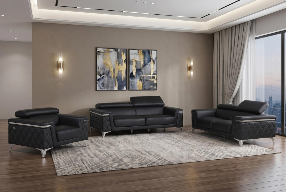Three Piece Black Italian Leather Five Person Seating Set