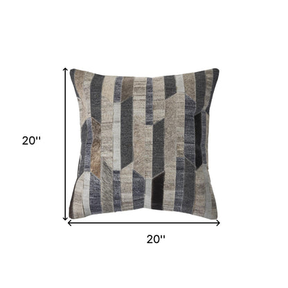 20" X 20" Beige and Gray Striped Faux Leather Zippered Pillow