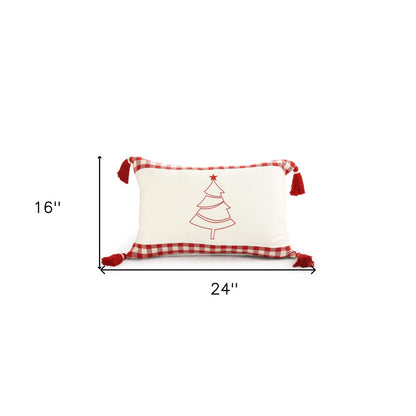 16" X 24" Red and White Christmas Tree Cotton Zippered Pillow With Tassels