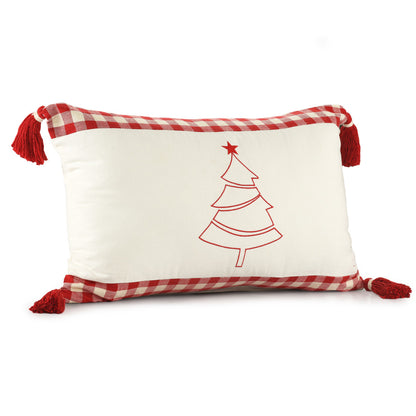 16" X 24" Red and White Christmas Tree Cotton Zippered Pillow With Tassels