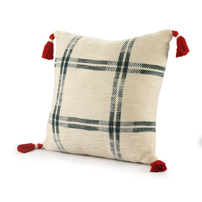 20" X 20" Ivory and Green Christmas Plaid Cotton Zippered Pillow With Tassels