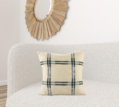 20" X 20" Ivory and Green Christmas Plaid Cotton Zippered Pillow With Tassels