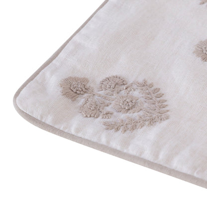 20" X 20" Natural and Ivory Floral Linen Zippered Pillow With Embroidery