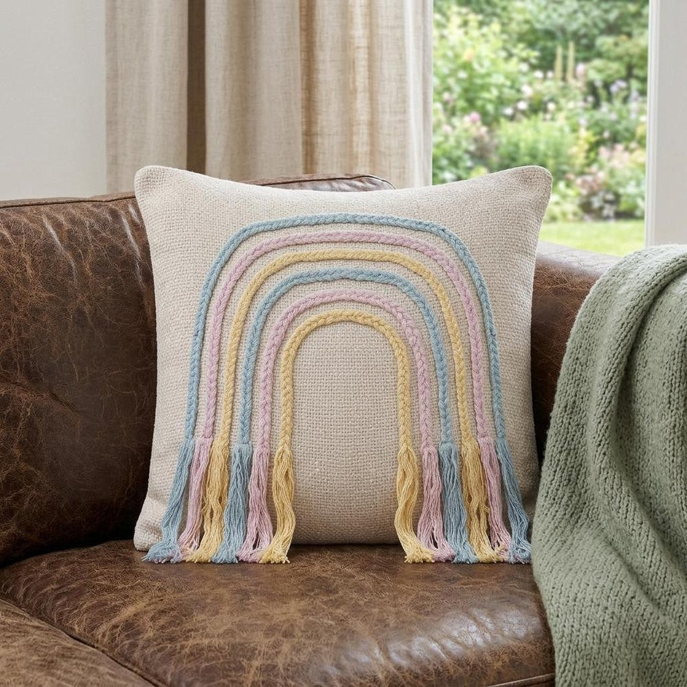 20" Blue And Off White Braided Cotton Throw Pillow with Fringe
