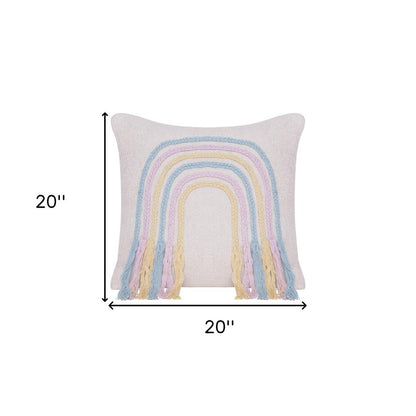 20" X 20" Blue and Off White Braided Cotton Zippered Pillow With Fringe