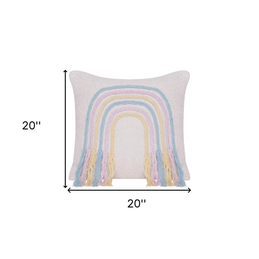 20" Blue And Off White Braided Cotton Throw Pillow with Fringe