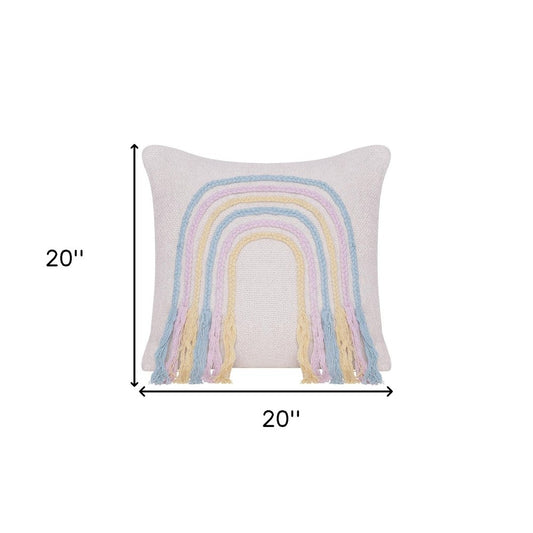 20" Blue And Off White Braided Cotton Throw Pillow with Fringe