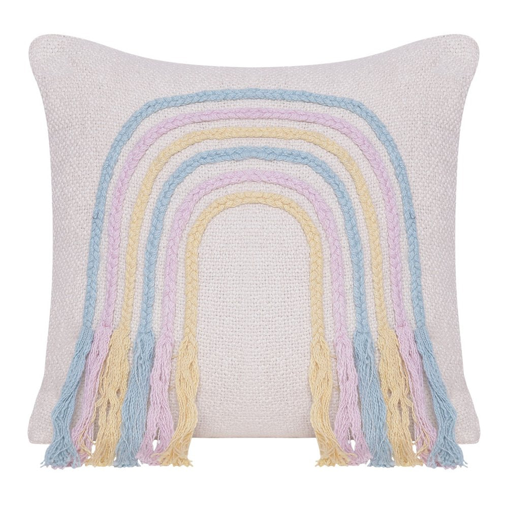 20" X 20" Blue and Off White Braided Cotton Zippered Pillow With Fringe