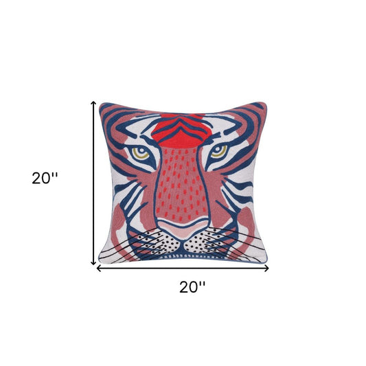 20" Blue And Red Cheetah Cotton Throw Pillow with Embroidery