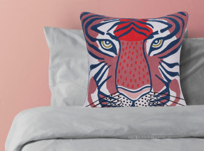 20" Blue and Red Cheetah Throw Pillow with Embroidery