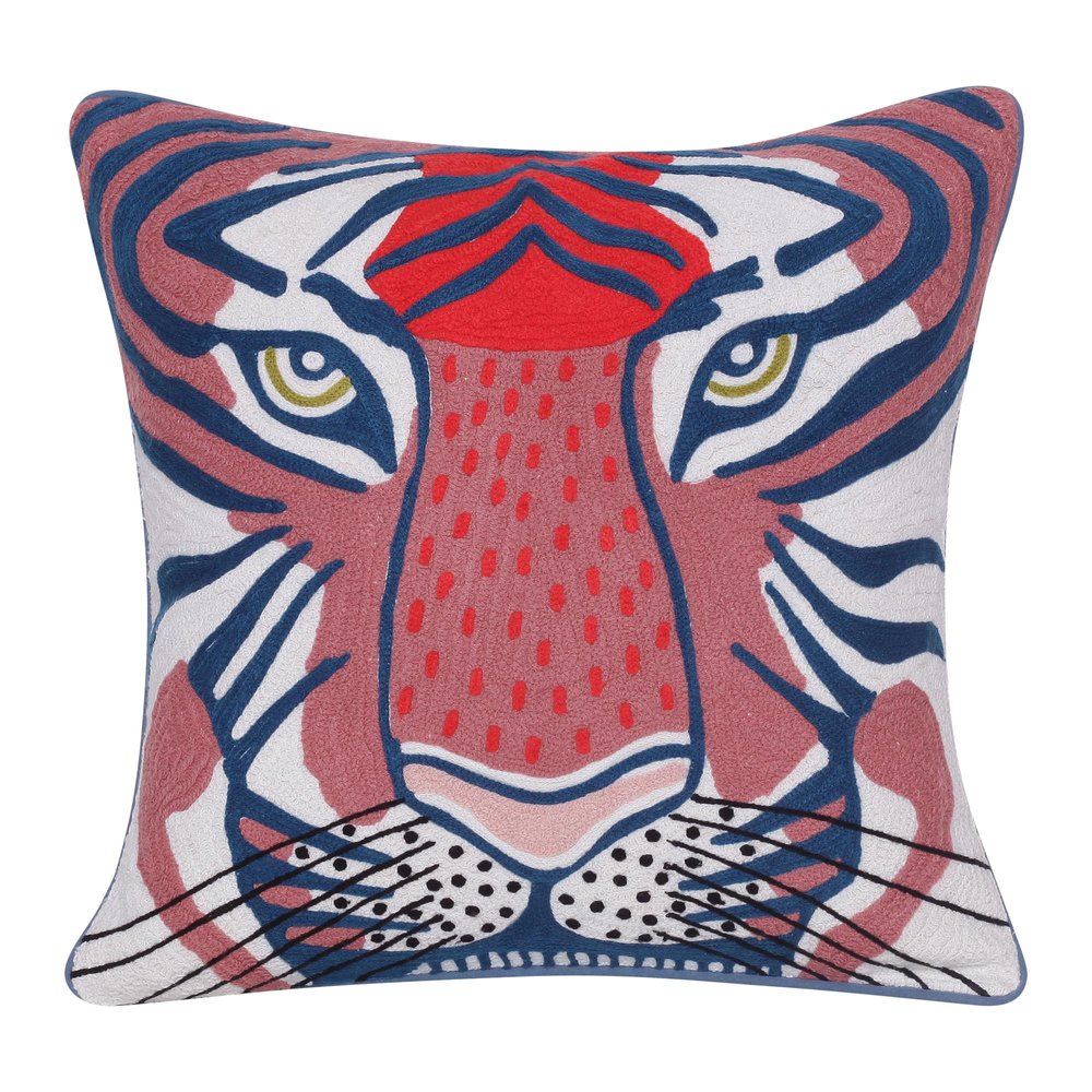 20" Blue And Red Cheetah Cotton Throw Pillow with Embroidery