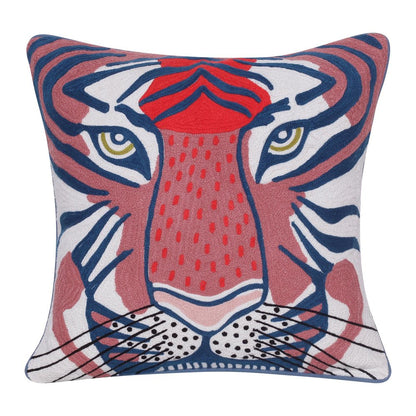 20" Blue And Red Cheetah Cotton Throw Pillow with Embroidery