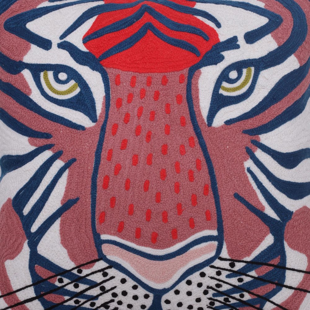 20" Blue And Red Cheetah Cotton Throw Pillow with Embroidery