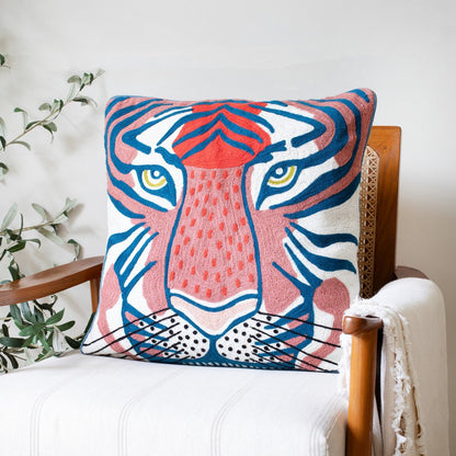 20" Blue and Red Cheetah Throw Pillow with Embroidery