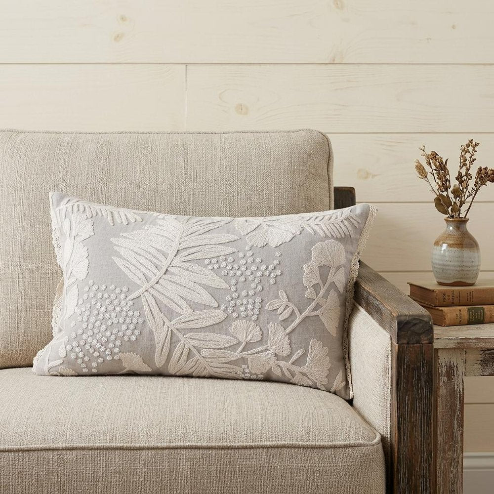 Natural and Ivory Throw Pillow with Embroidery