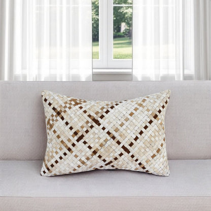 16" X 24" Brown and Ivory Check Faux Leather Zippered Pillow