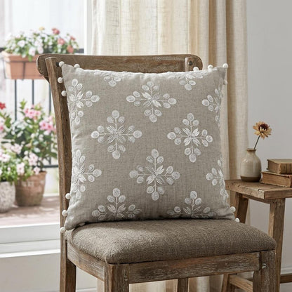 20" Beige and Ivory Throw Pillow with Embroidery