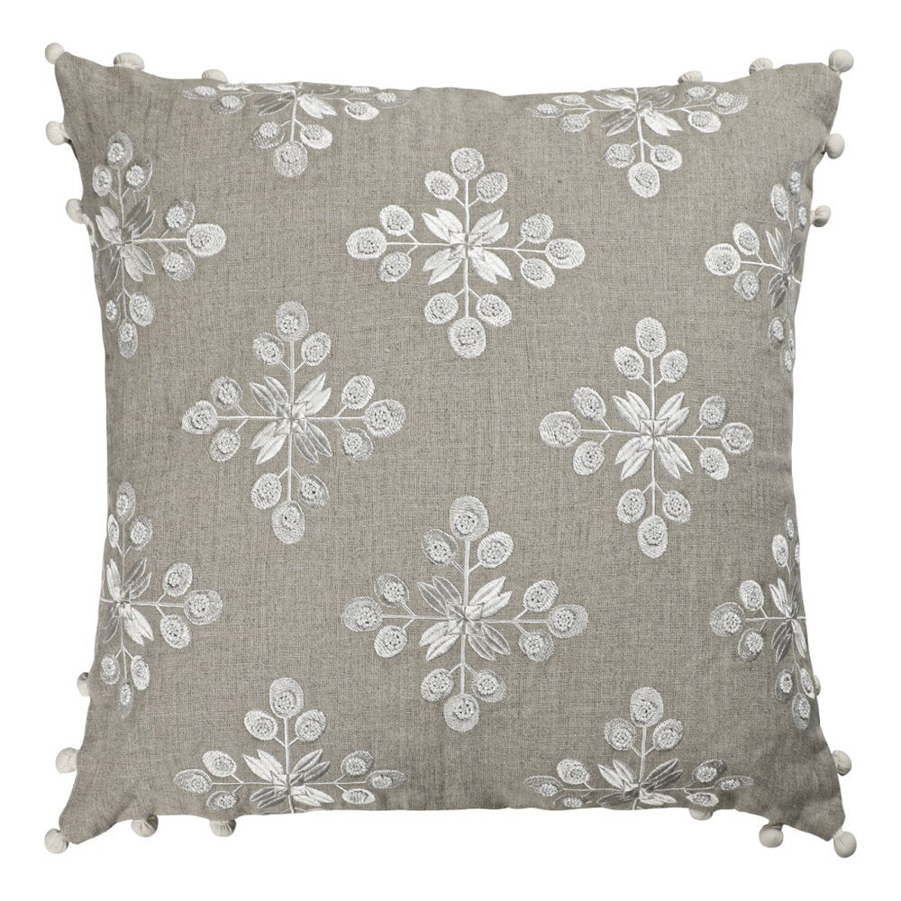 20" Beige and Ivory Throw Pillow with Embroidery