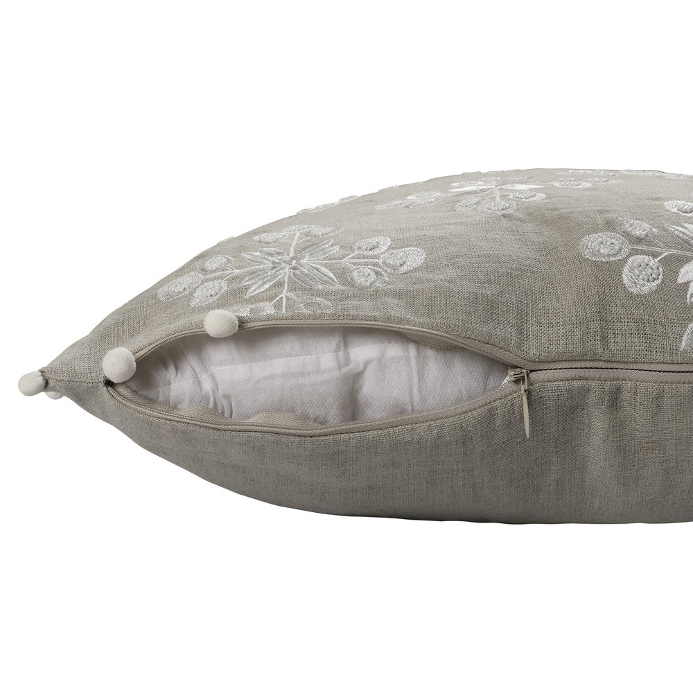 20" Beige and Ivory Throw Pillow with Embroidery