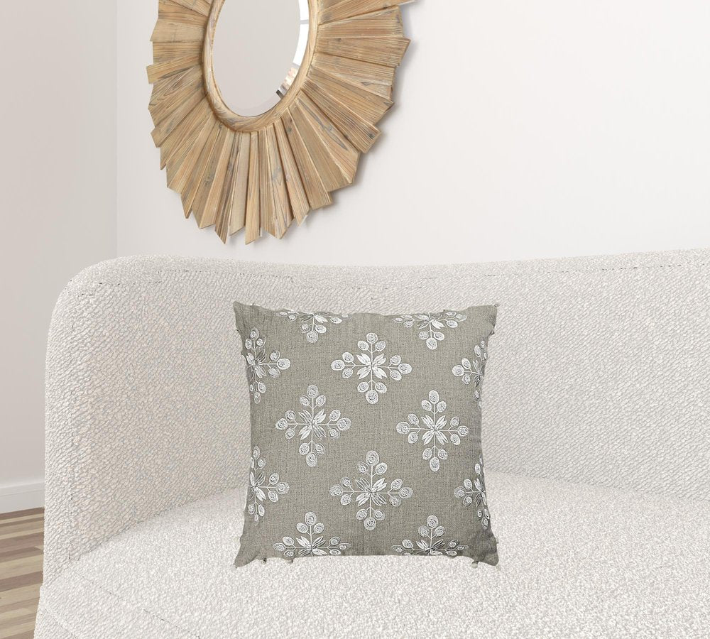 20" Beige and Ivory Throw Pillow with Embroidery